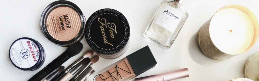 Beauty products laid out on a table